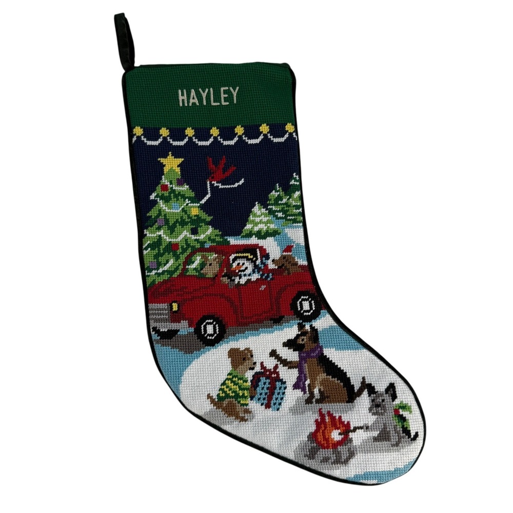 Lands End Christmas Stocking Needlepoint Dog Puppy Winter Scene Hayley XMas